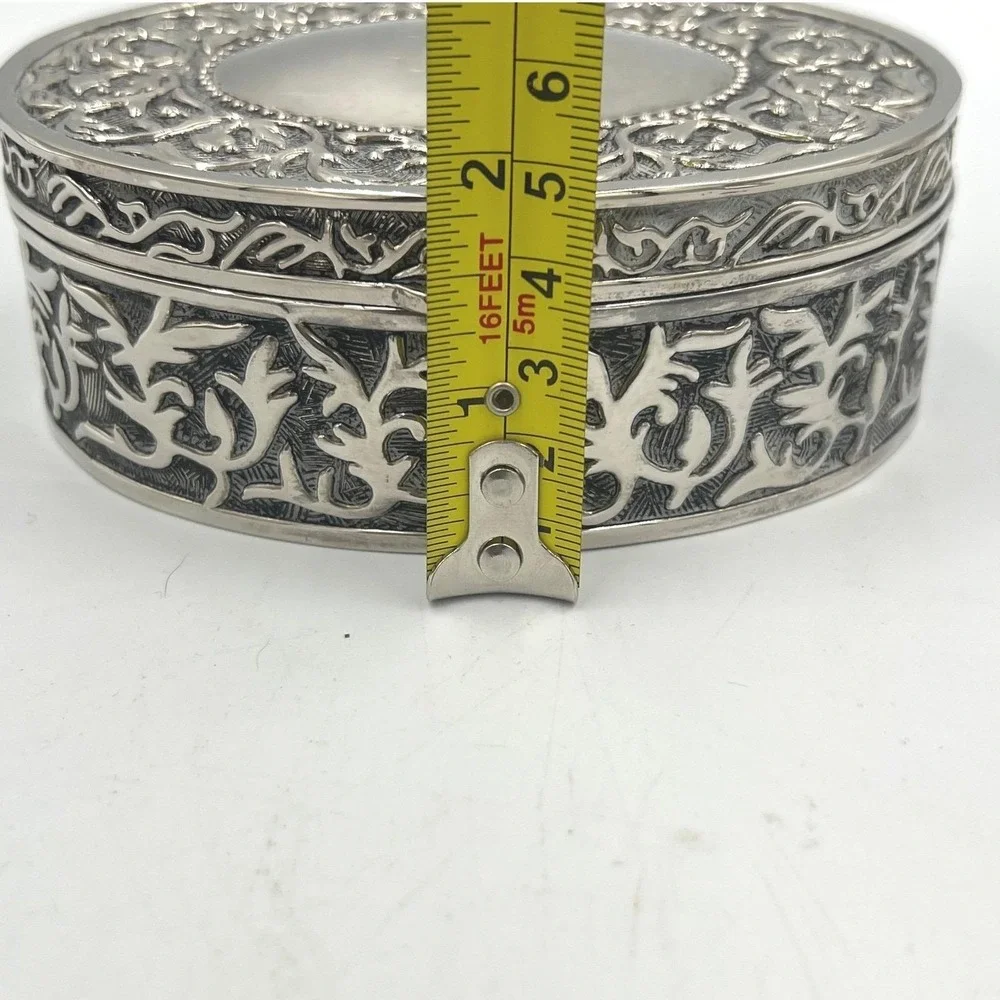 Vintage Oval Silver Plated Jewelry Trinket Box Monogrammed Velvet Lined Keepsake
